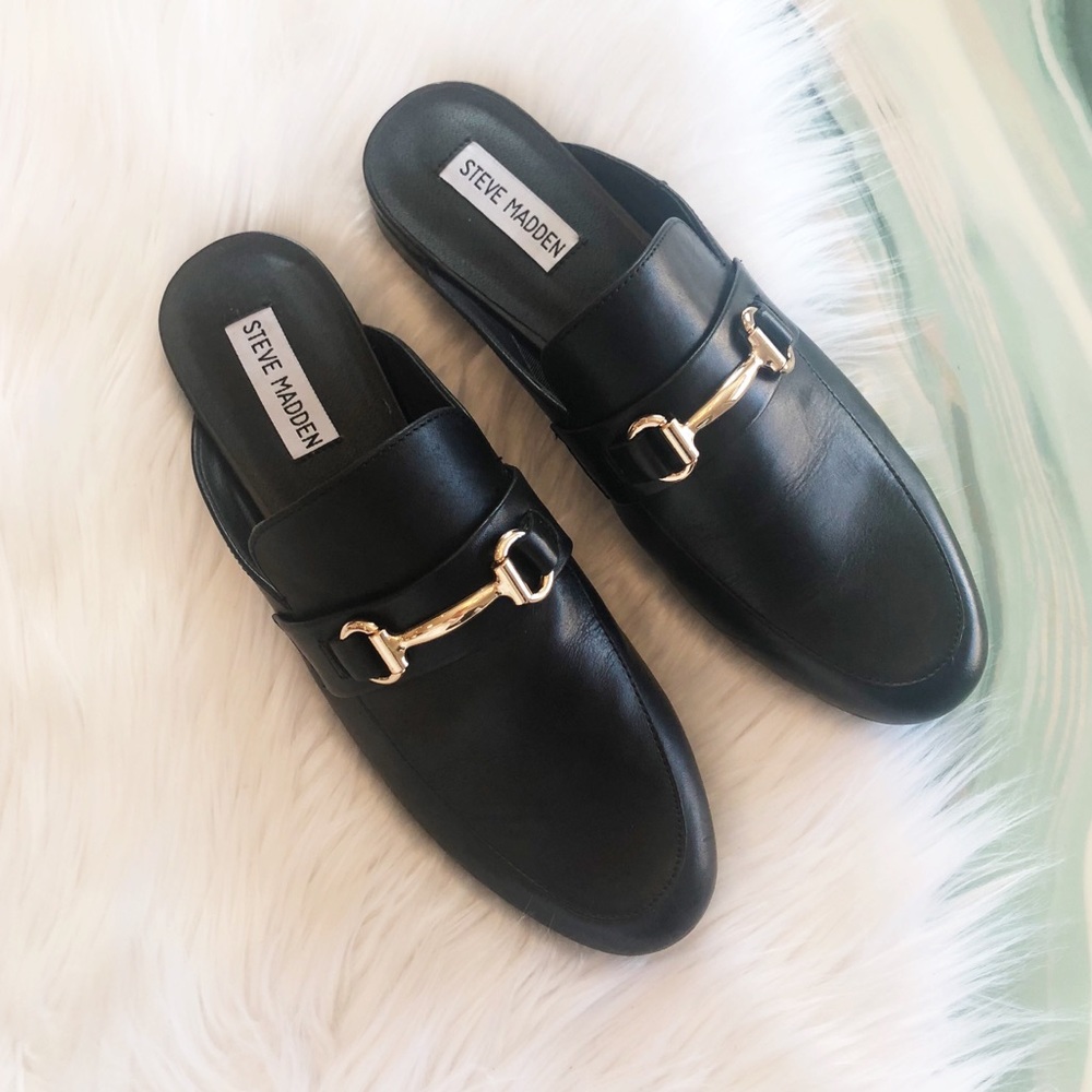Steve Madden Black Leather Gold-Trim Mule Loafers